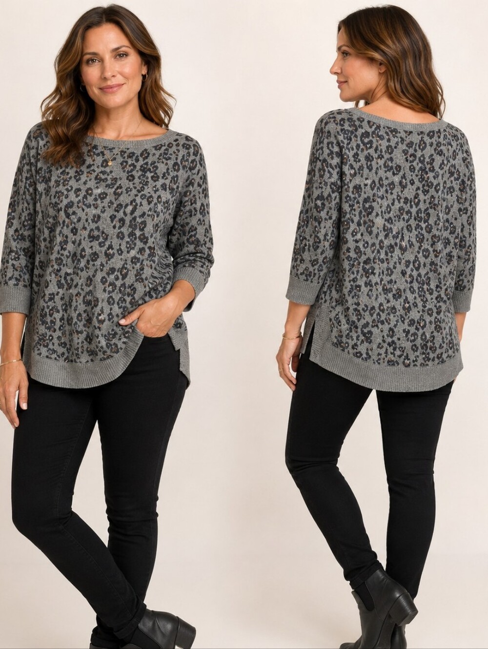 Maurices Size S Gray Leopard Print Knit Tunic Top Animal Print Contemporary Casu